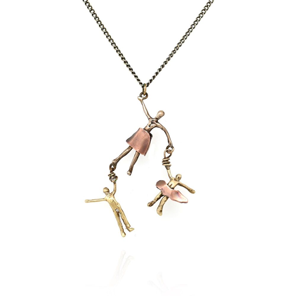 Copper Brass Family Necklace, Artisan Figural Pendant, Mixed Metal Jewelry